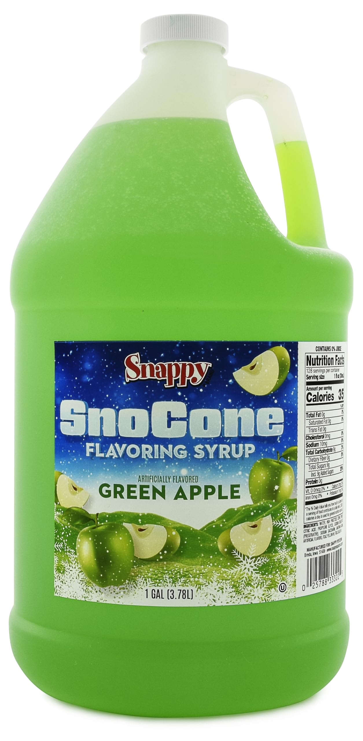 SNAPPY Green Apple Sno Cone Syrup bottle ideal for quick concession-stand serving