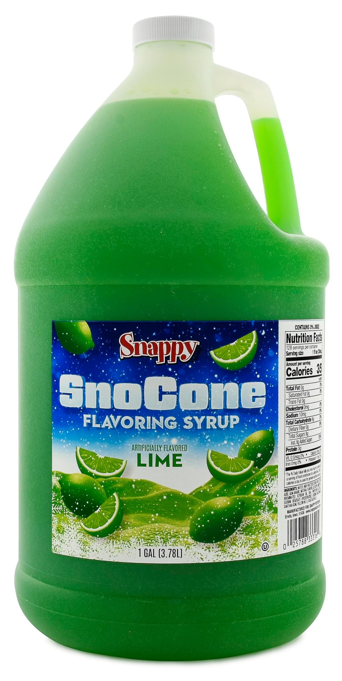 SNAPPY Lime Sno Cone Syrup 1-gallon jug for easy snow cone prep.