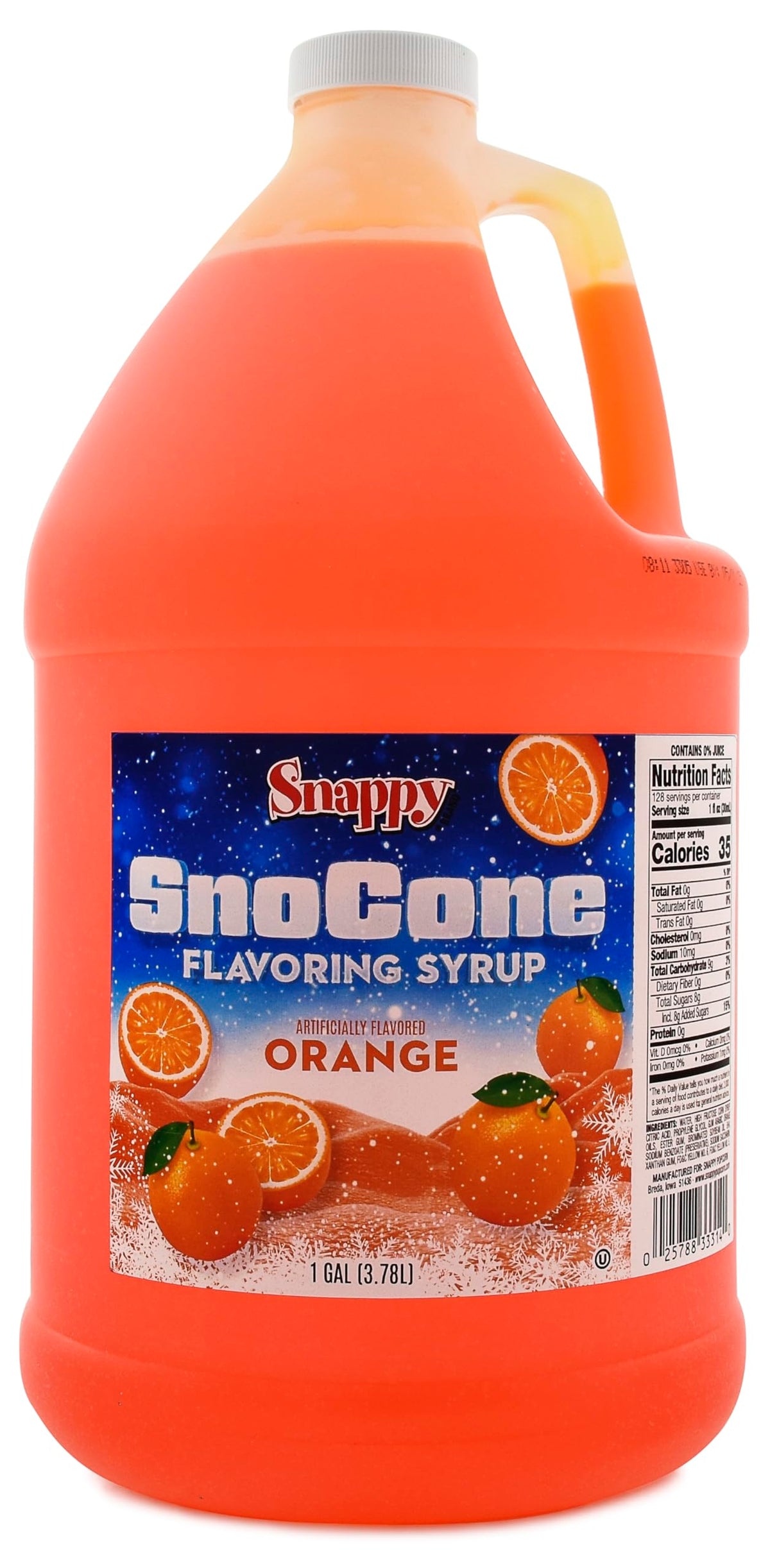 SNAPPY Orange Sno Cone Syrup bottle ready to pour for vibrant shaved ice