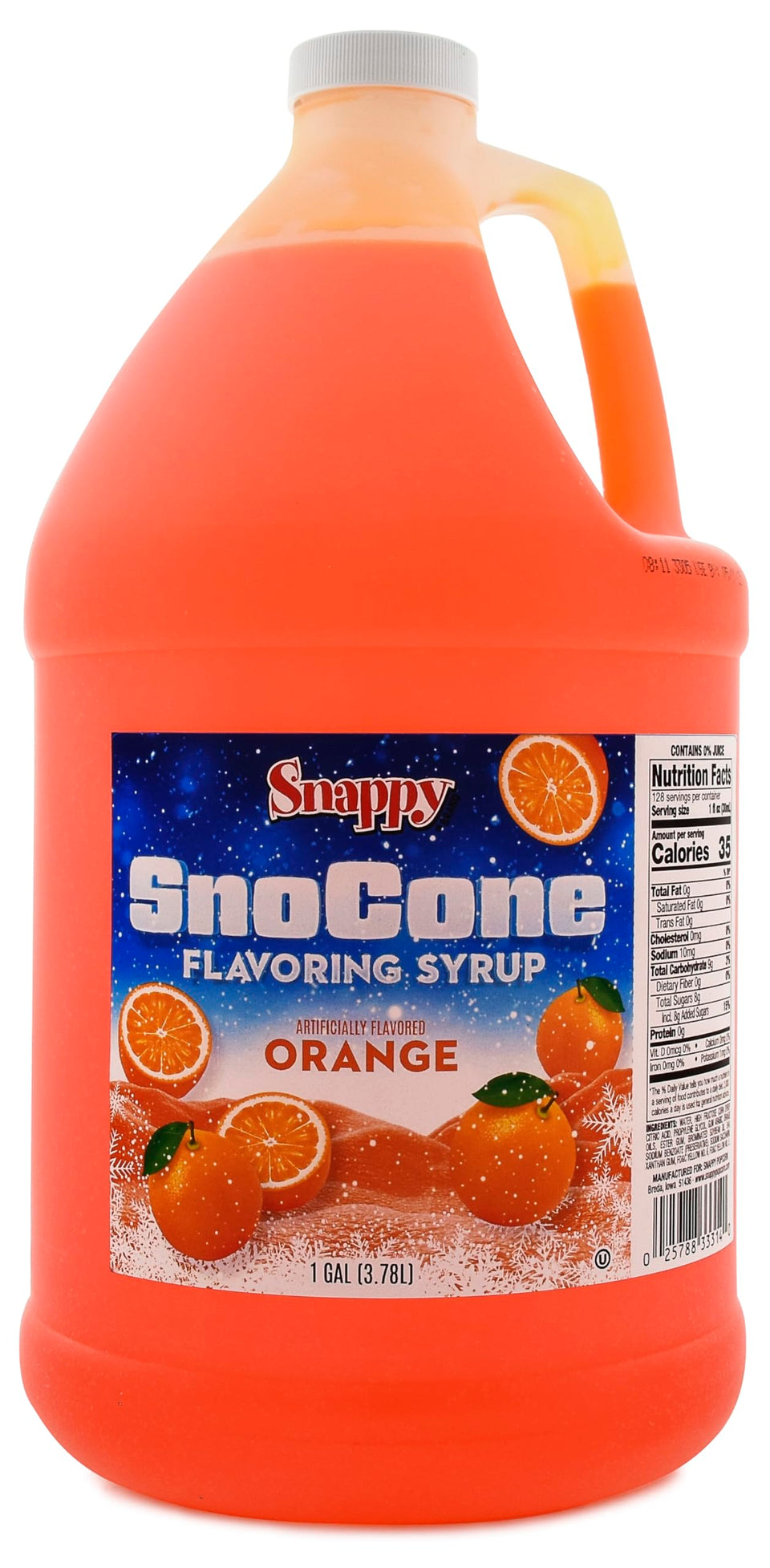 SNAPPY Orange Sno Cone Syrup bottle ready to pour for vibrant shaved ice