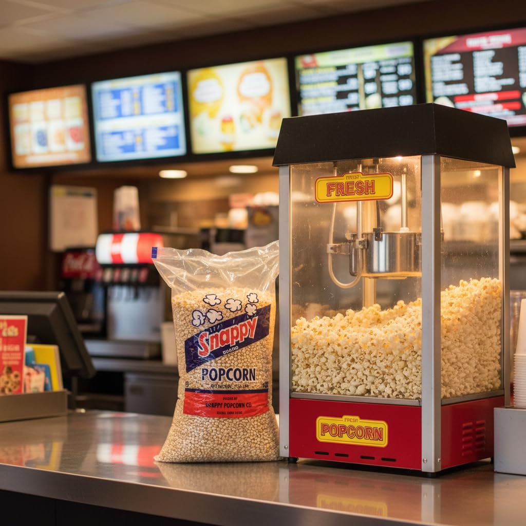 SNAPPY popcorn popping in a kettle machine yielding fluffy, low-hull puffs