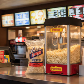 SNAPPY popcorn popping in a kettle machine yielding fluffy, low-hull puffs