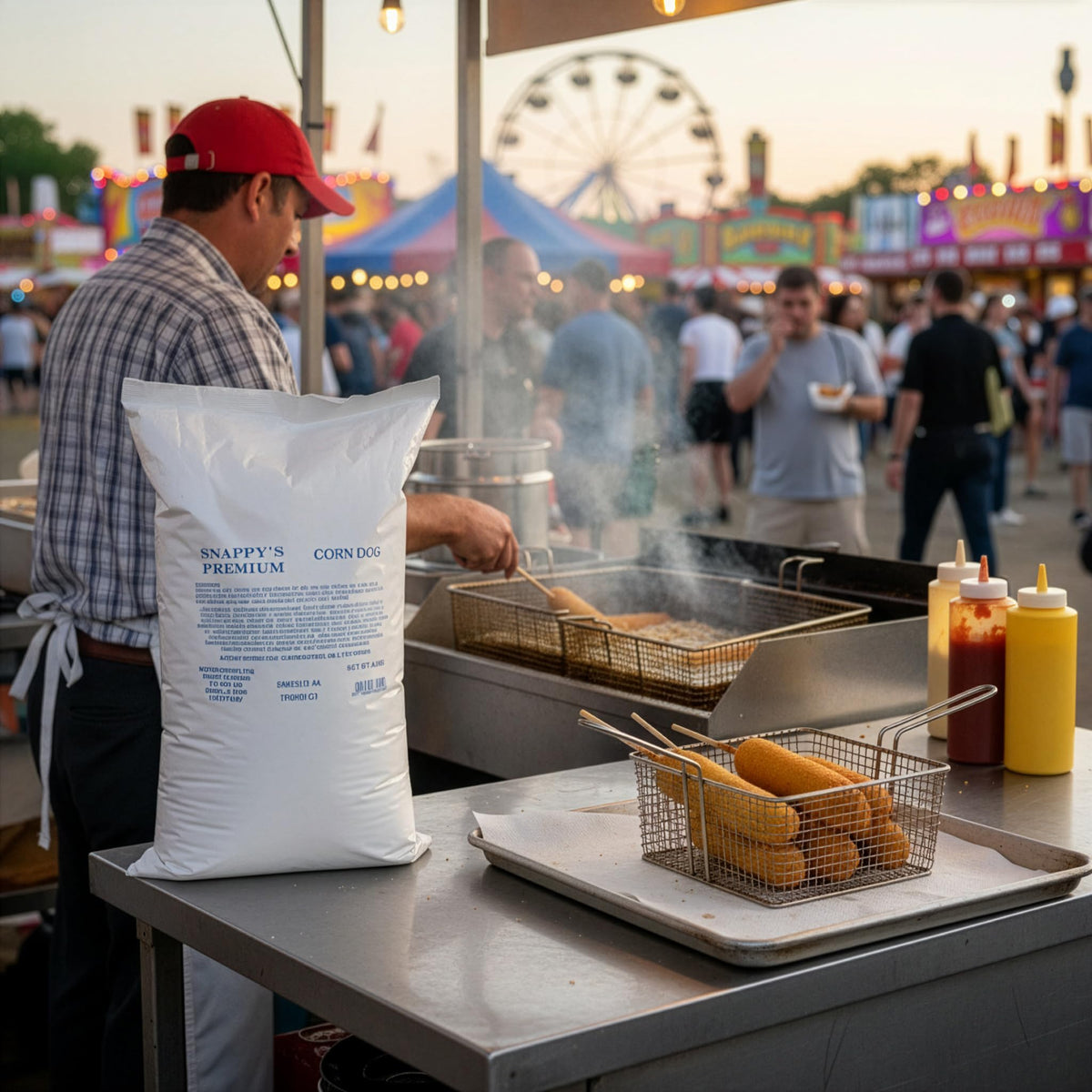 Snappy Premium Corn Dog Mix hot dogs fry at 350–375°F for crisp bites.