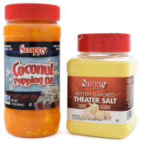 SNAPPY Pure Coconut Popping Oil bottle ready for home theater popcorn.