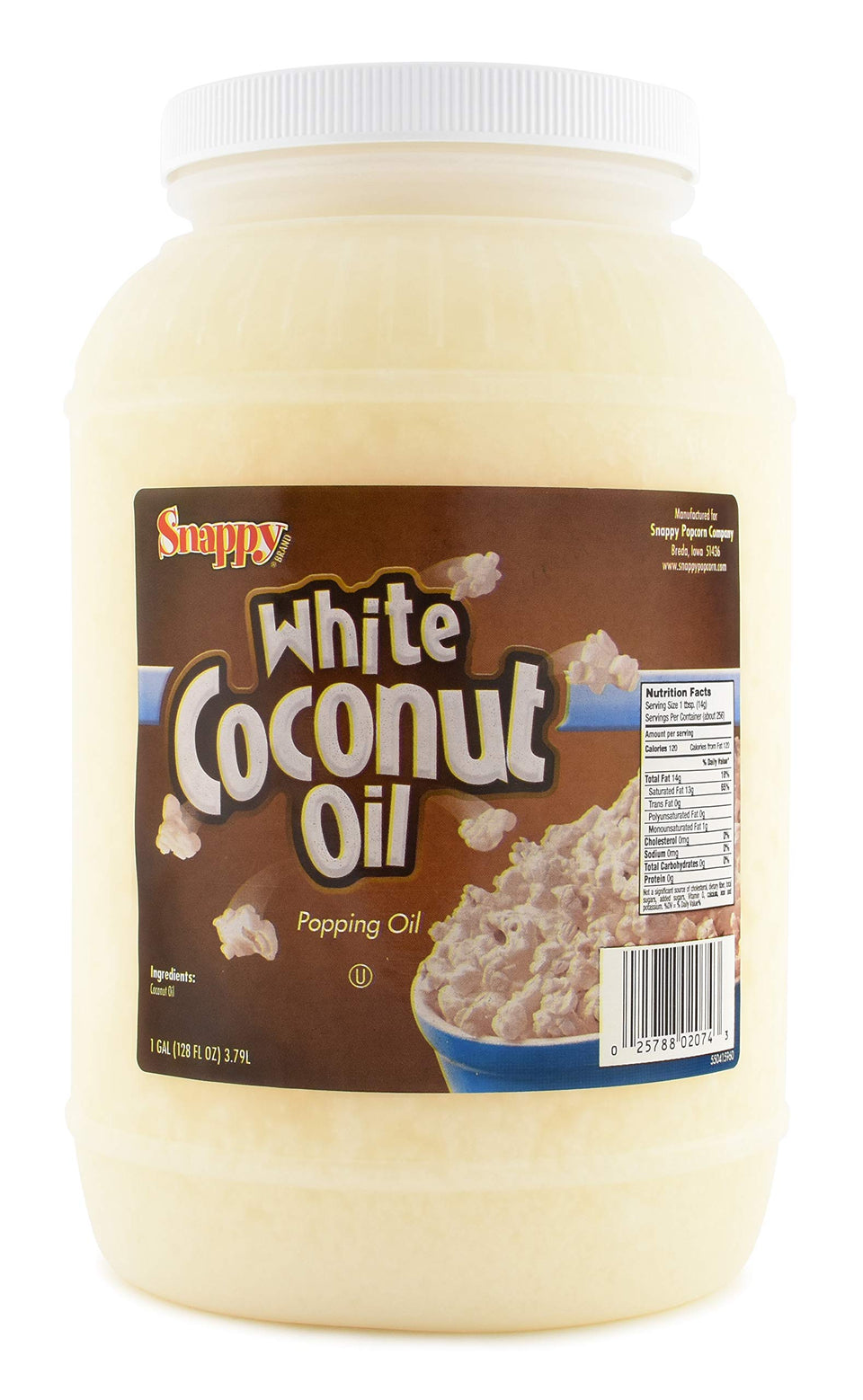 SNAPPY Pure White Coconut Popcorn Oil bottle for authentic theater-style popcorn flavor.