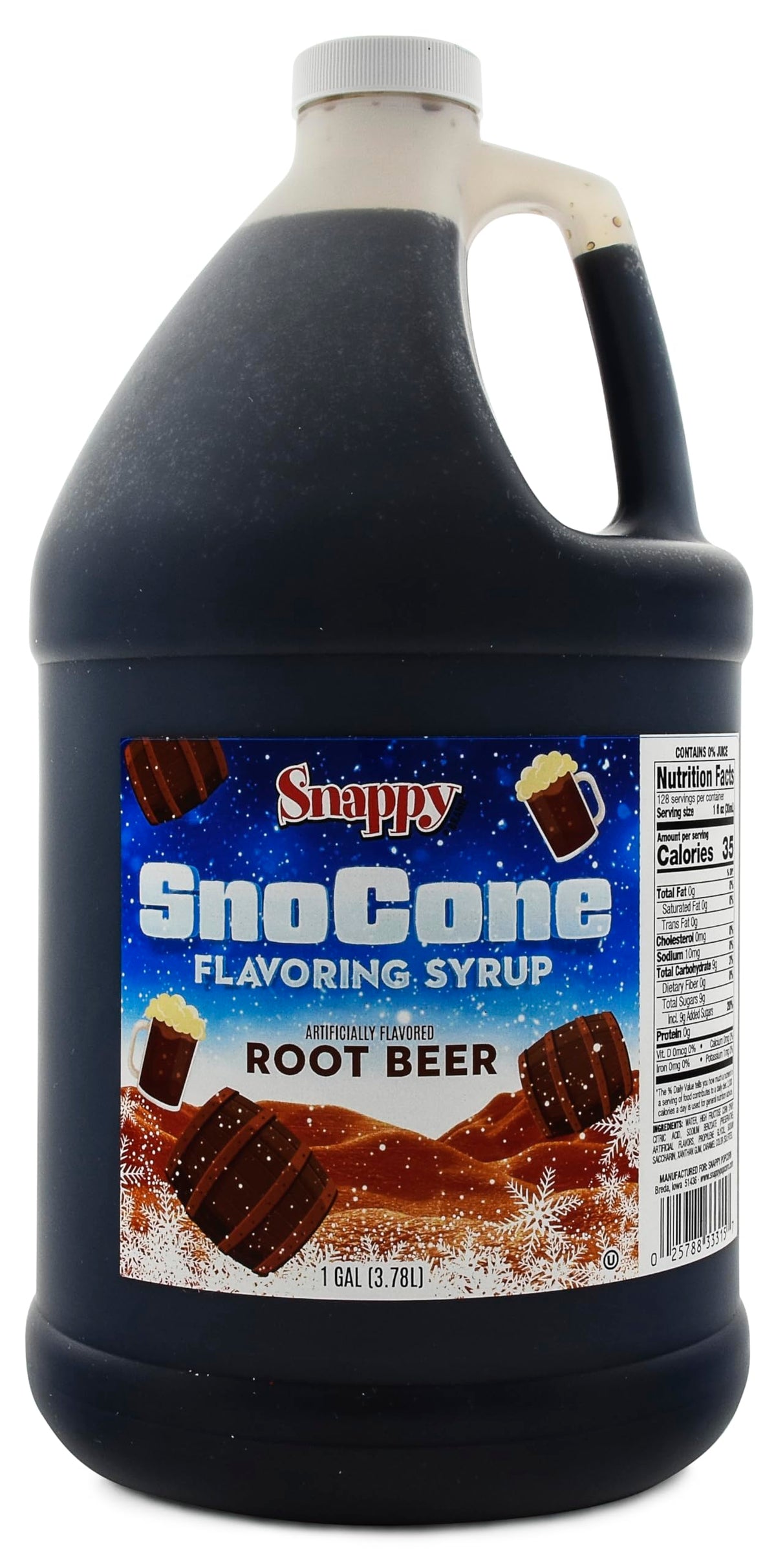 SNAPPY Root Beer Sno Cone Syrup pouring over shaved ice for authentic flavor.