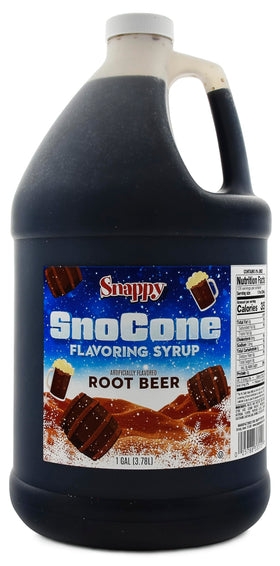 SNAPPY Root Beer Sno Cone Syrup pouring over shaved ice for authentic flavor.