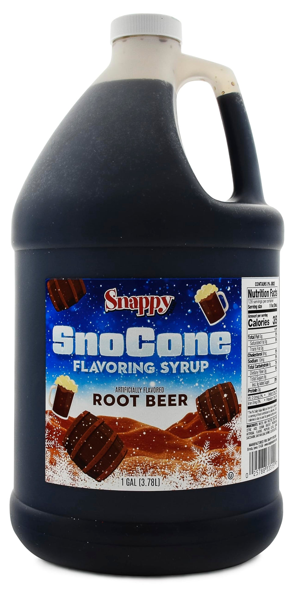 SNAPPY Root Beer Sno Cone Syrup pouring over shaved ice for authentic flavor.