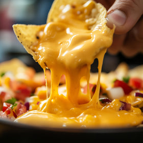 Pouring SNAPPY Nacho Cheese Sauce over nachos for concession-style flavor.