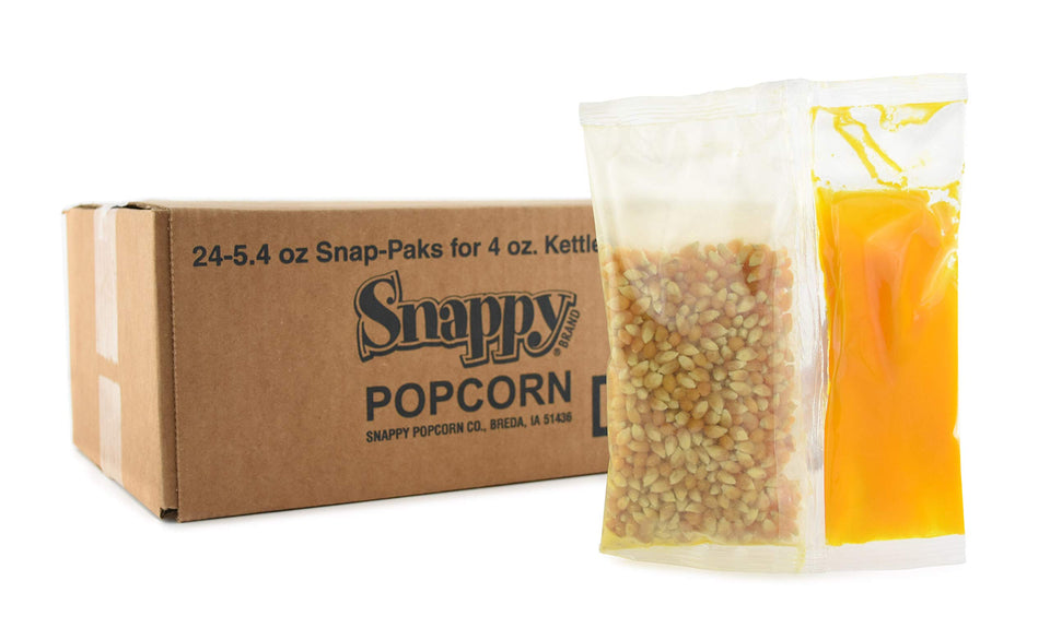 SNAPPY Snap-Paks all-in-one popcorn packs for 4 oz kettles, convenient theater-style flavor at home.