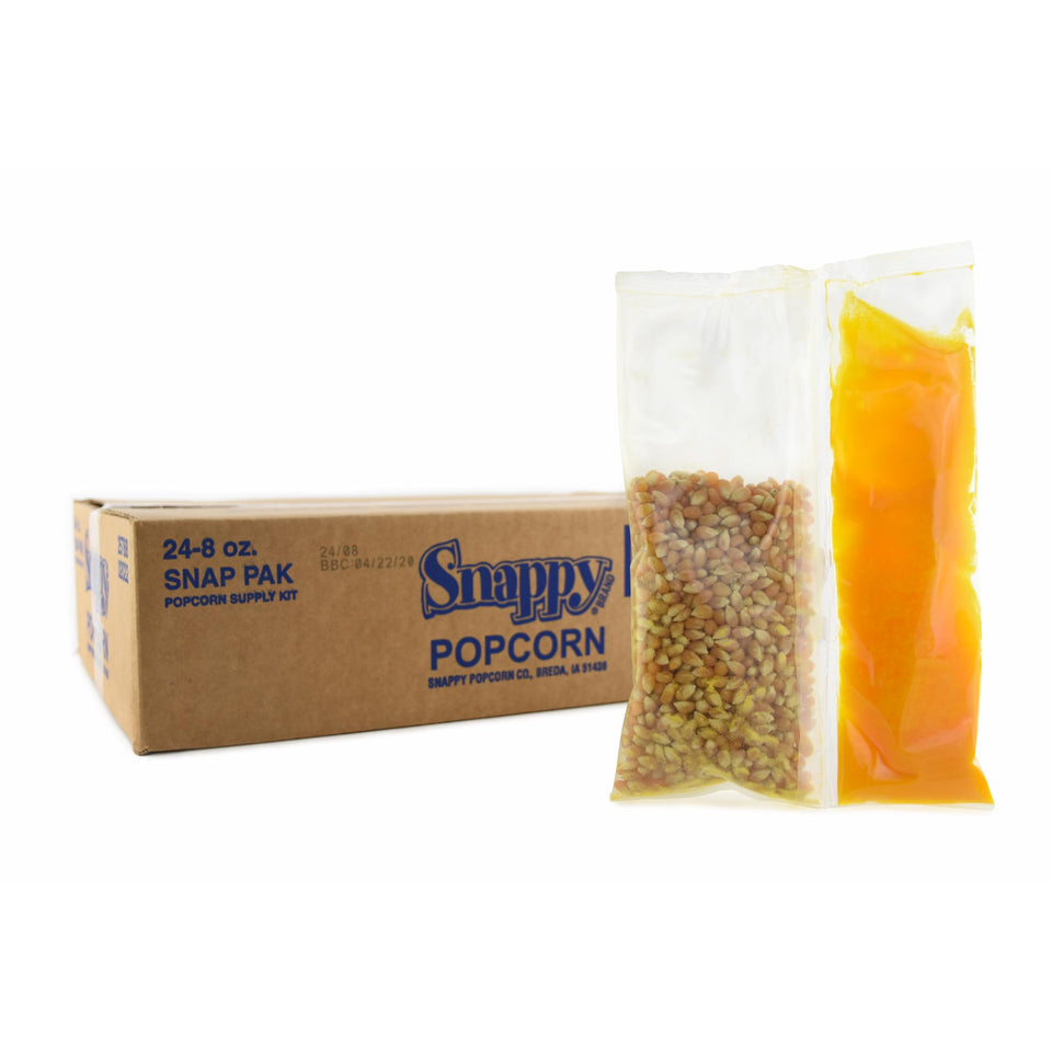 SNAPPY Snap-Paks provide all-in-one popcorn packs for 6 oz kettles—consistent portions and quick setup.