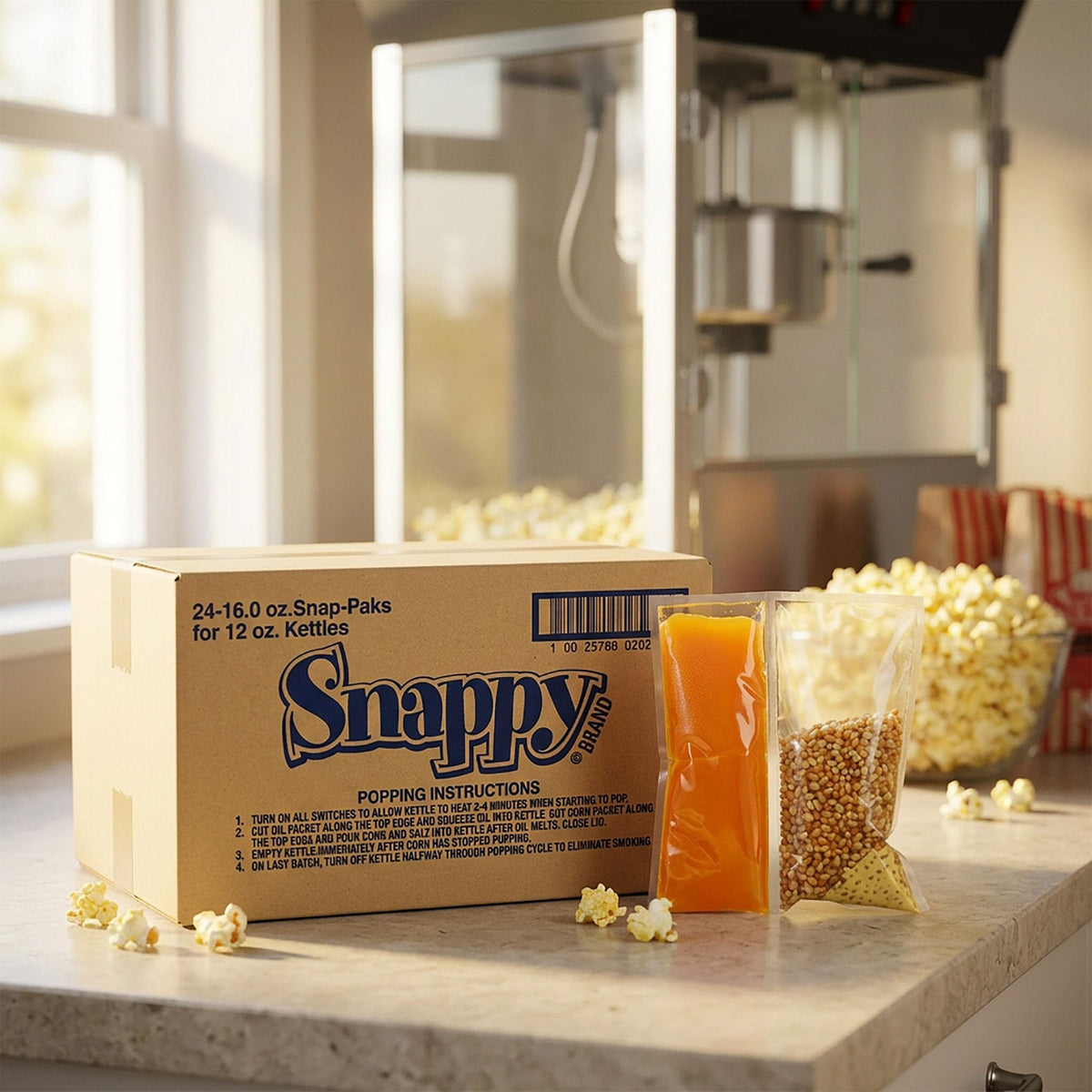 SNAPPY Snap-Paks guide quick pop steps, from oil melt to fresh popcorn.