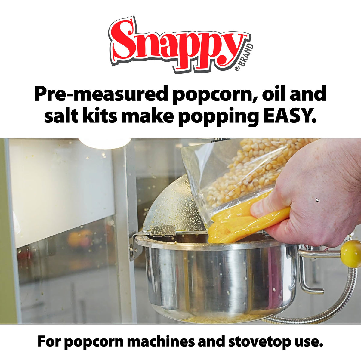 SNAPPY Snap-Paks feature theater-style salt for flavorful, balanced popcorn at home.