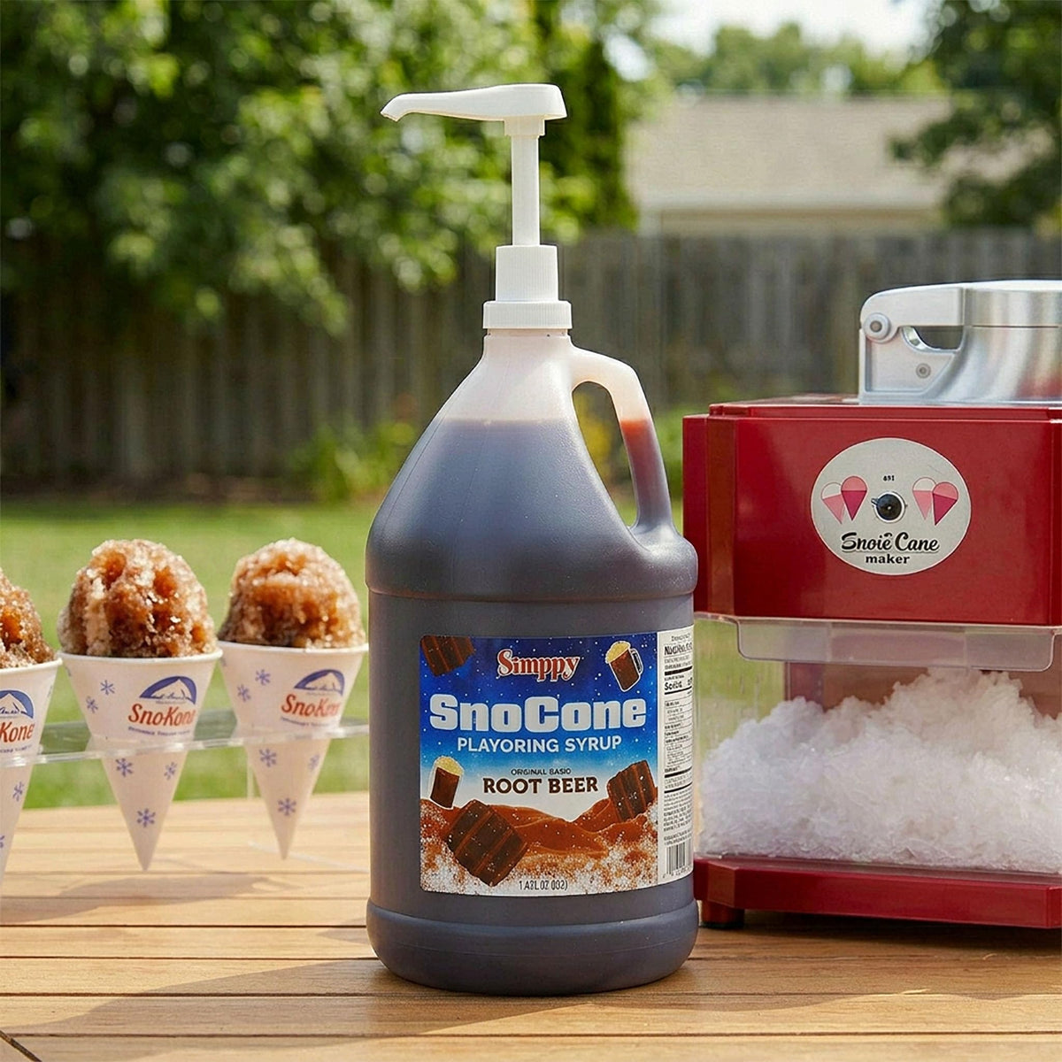 SNAPPY Sno Cone Syrup jug shown with machines for compatibility and efficiency.