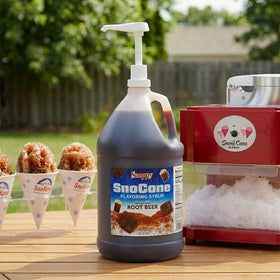 SNAPPY Sno Cone Syrup jug shown with machines for compatibility and efficiency.