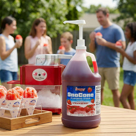 SNAPPY Strawberry Sno Cone Syrup gallon jug ideal for parties and concessions