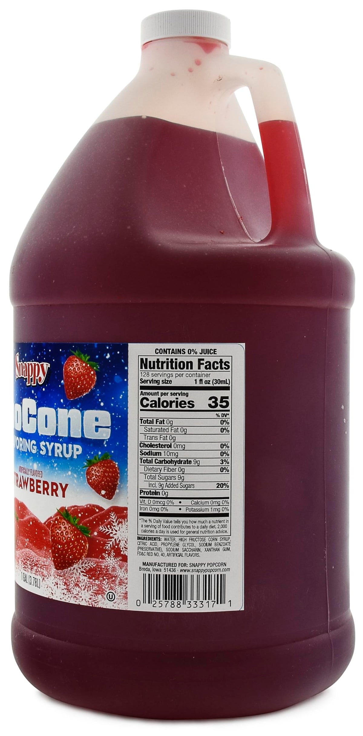 SNAPPY Strawberry Sno Cone Syrup label front highlights authentic concession-style strawberry flavor