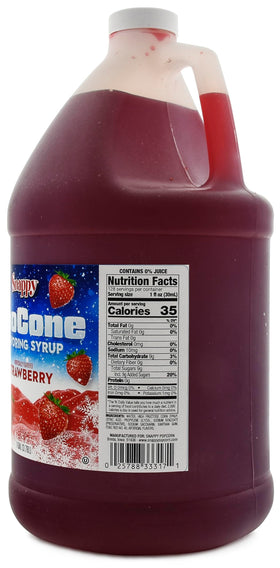 SNAPPY Strawberry Sno Cone Syrup label front highlights authentic concession-style strawberry flavor