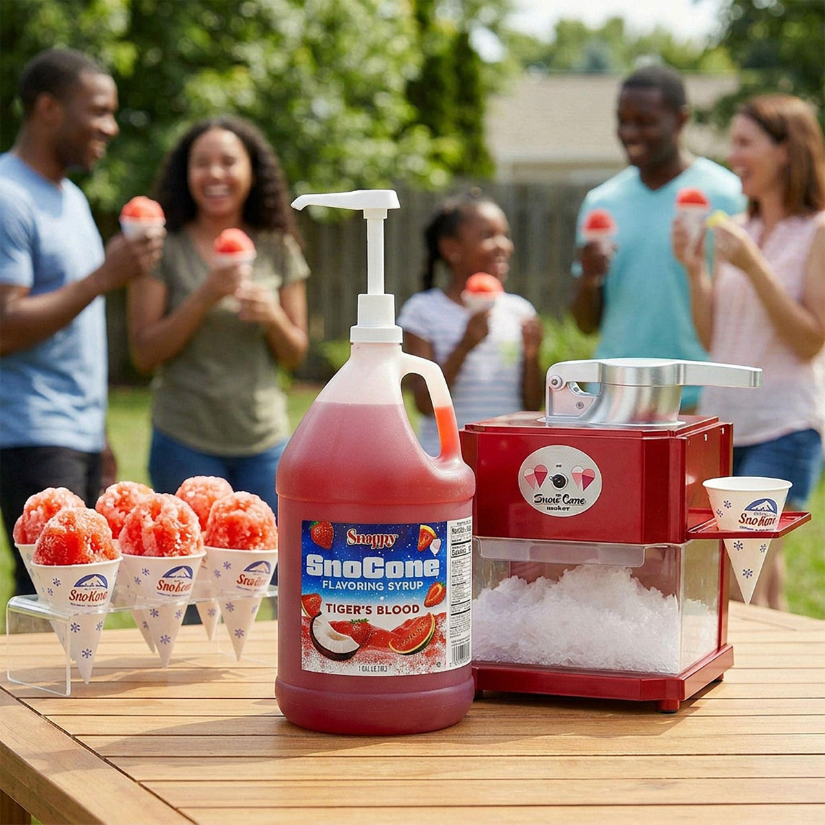 SNAPPY Tigers Blood Syrup serving in cups for bold shaved ice treats