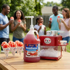 SNAPPY Tigers Blood Syrup serving in cups for bold shaved ice treats