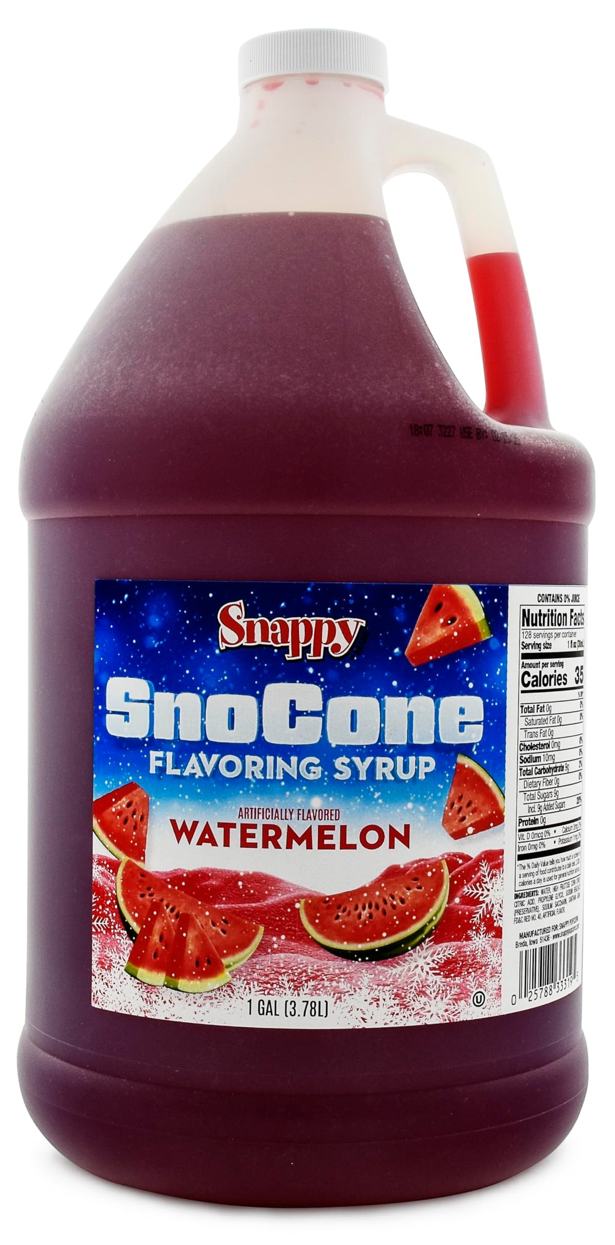 SNAPPY Watermelon Sno Cone Syrup bottle highlights ready-to-use convenience.