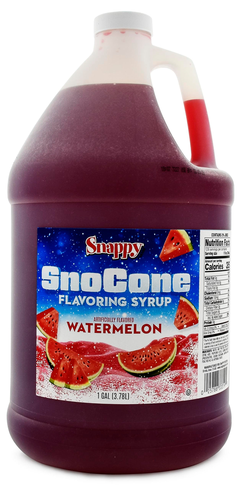 SNAPPY Watermelon Sno Cone Syrup bottle highlights ready-to-use convenience.