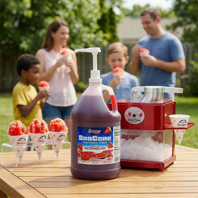Serving SNAPPY Watermelon Sno Cone Syrup on shaved ice at events.