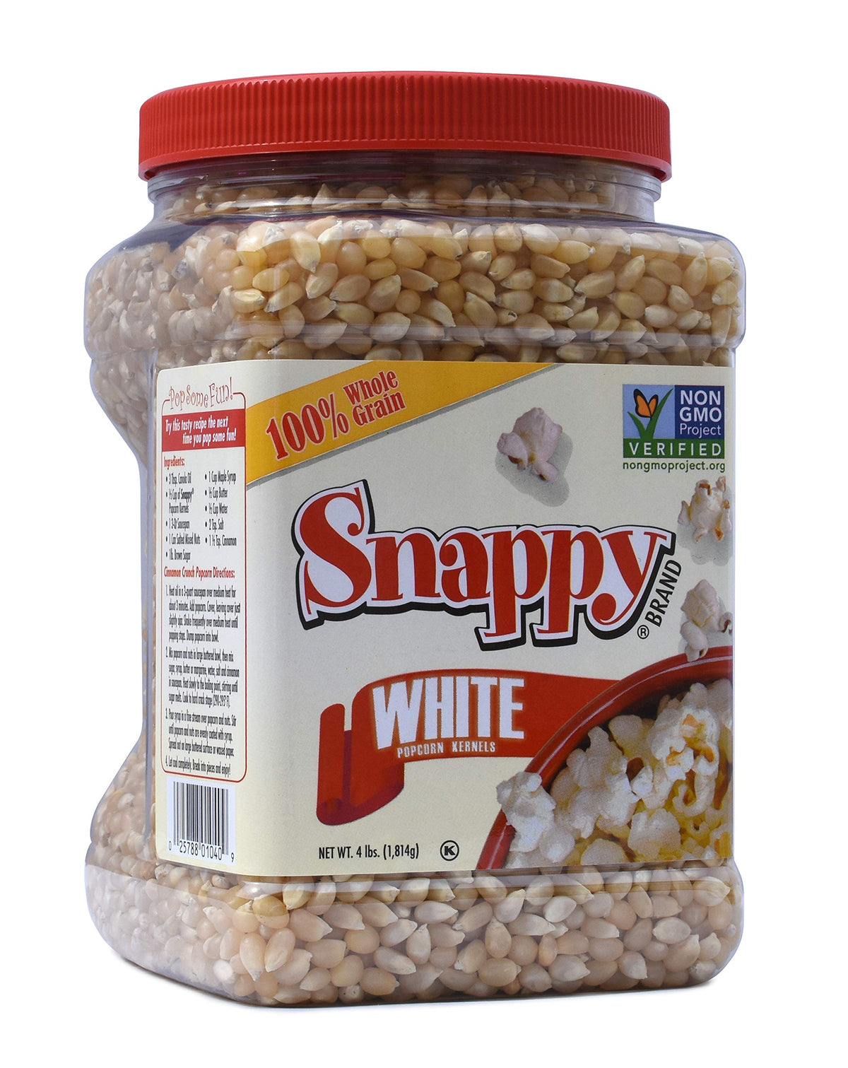 SNAPPY White Popcorn 4lb jar front view with ready-to-pop kernels.