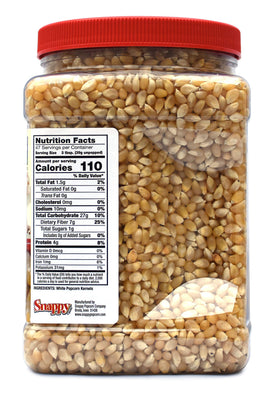 Close-up of SNAPPY White Popcorn kernels, premium non-GMO quality.