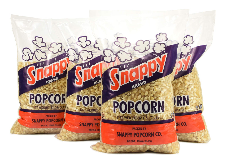 SNAPPY white popcorn kernels in a 4-pack bag, ideal for quick, fresh snacks at home