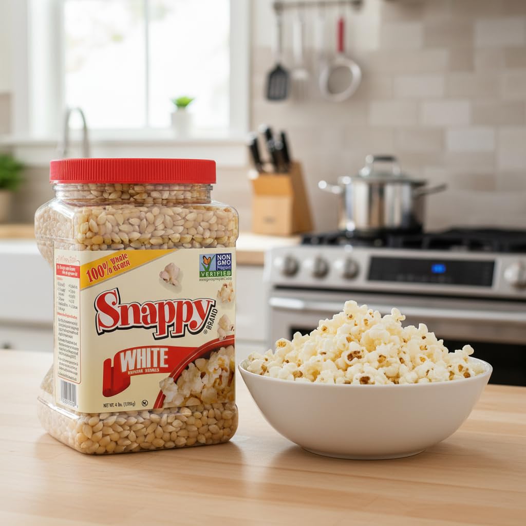 SNAPPY White Popcorn packaging highlights gluten-free, non-GMO kernels.