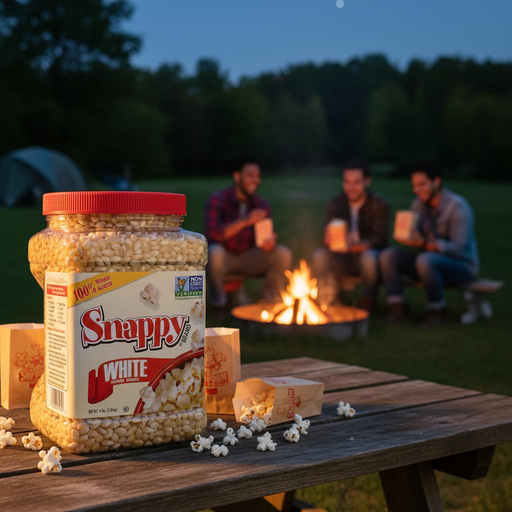 SNAPPY White Popcorn resealable jar preserves freshness between batches.