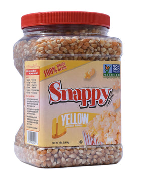 SNAPPY Yellow Popcorn Kernels in a resealable jar for long-lasting freshness and easy storage