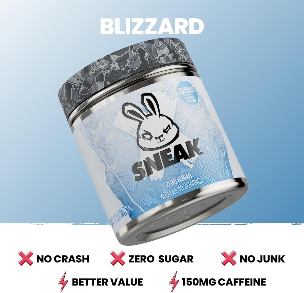 SNEAK Blizzard Lemonade powder scoop pouring into a glass for quick energy