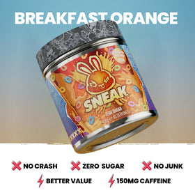 SNEAK Breakfast Orange serving scoop ready to mix with water for quick focus.