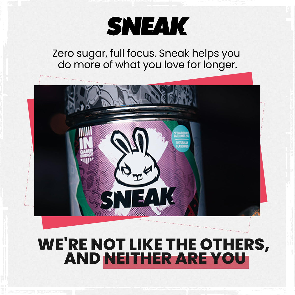 SNEAK energy powder tub and serving scoop highlighting convenient, customizable dosing.