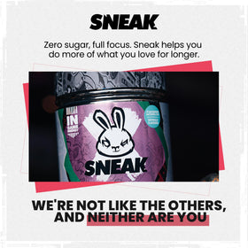 SNEAK energy powder tub and serving scoop highlighting convenient, customizable dosing.