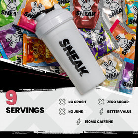 SNEAK Monochrome Shaker shown with sachets for stylish, reusable energy