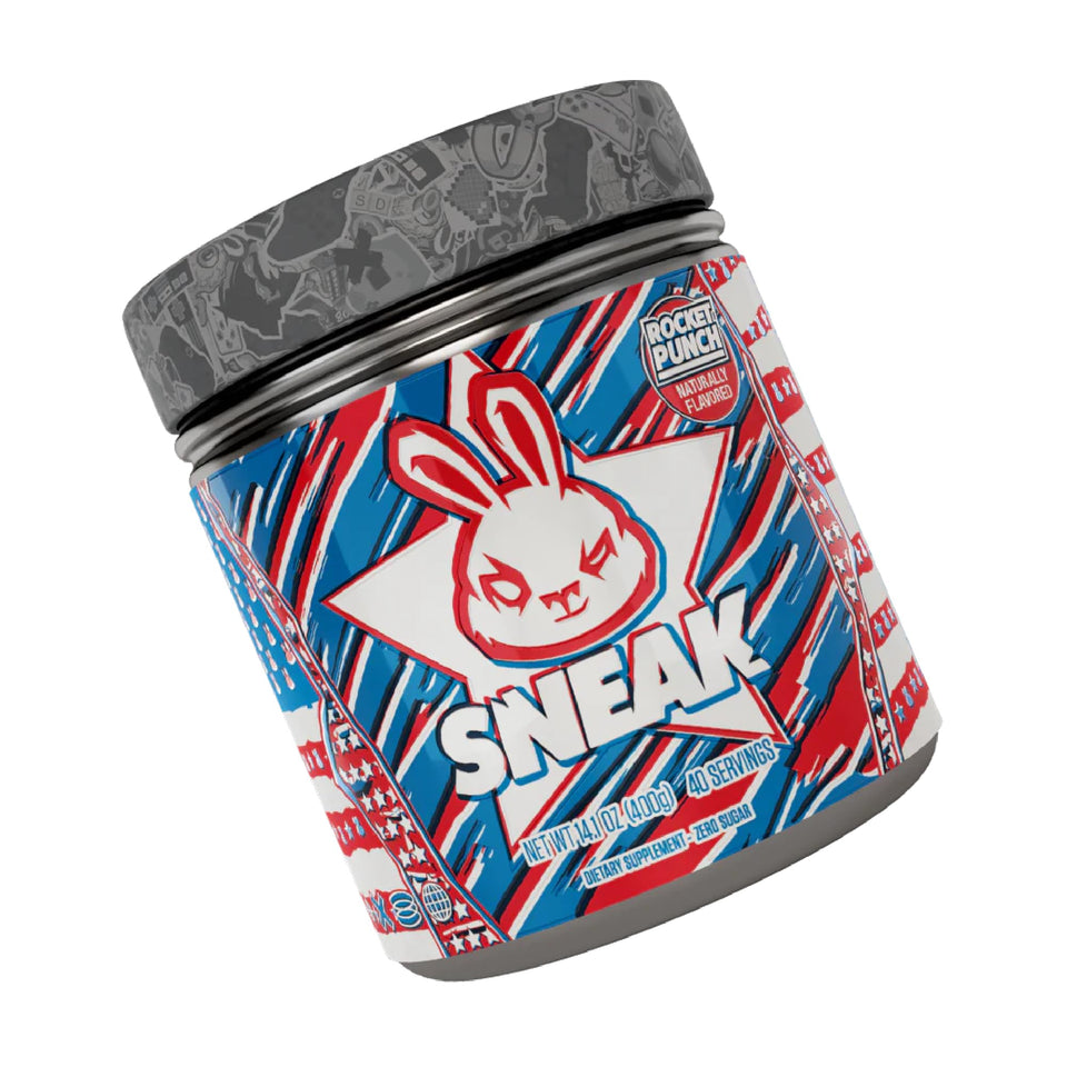 SNEAK Rocket Punch powder tub displaying the brand and a bold energy boost in a clean container