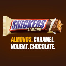 Close-up of almonds and caramel in a Snickers Almond bar for a quick, satisfying snack