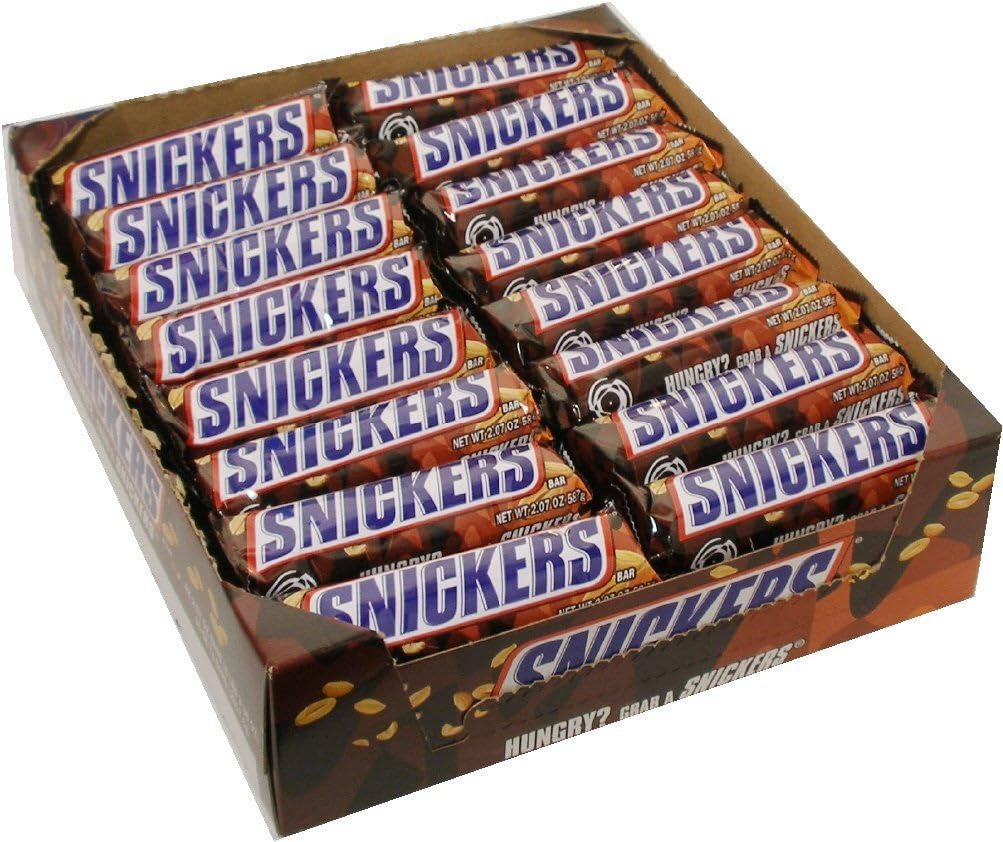 Snickers bulk pack 48 bars for easy store display and restocking.