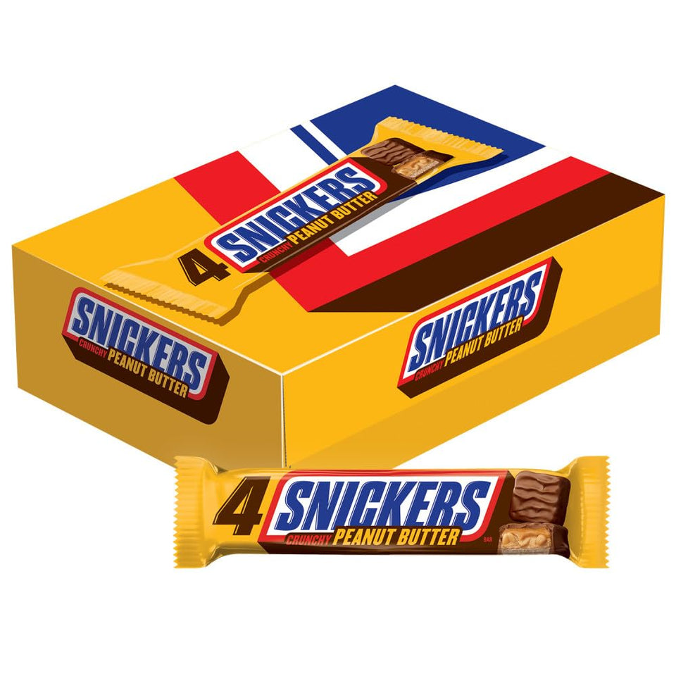 Snickers Crunchy Peanut Butter Squared bars in a box, perfect for sharing.
