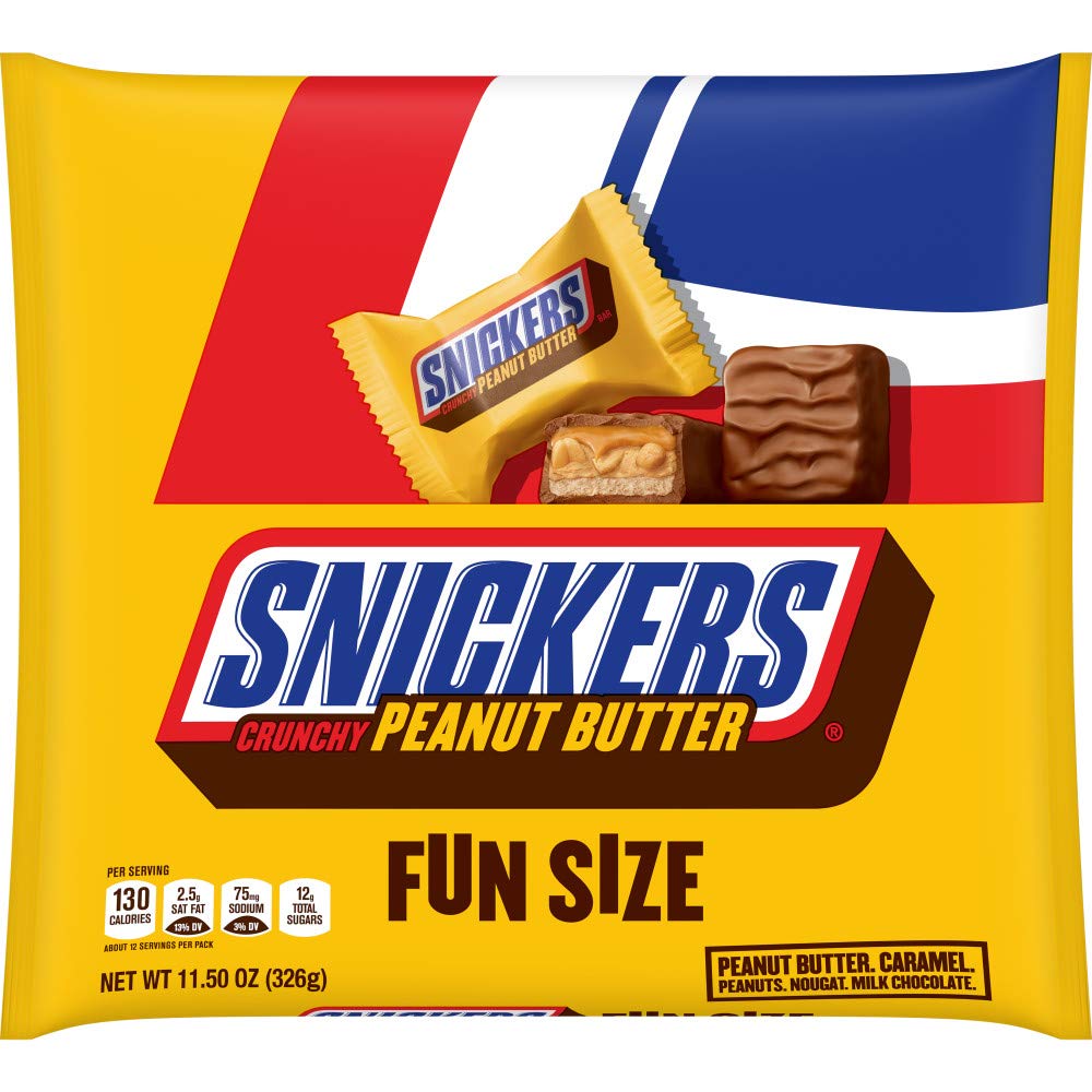 Snickers Peanut Butter Squared Fun Size bag close-up, rich chocolate and creamy peanut butter, perfect for on-the-go snacking.