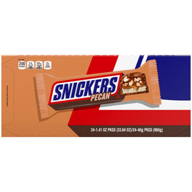 SNICKERS Pecan Milk Chocolate Bars in a pack, ideal for office snacking.