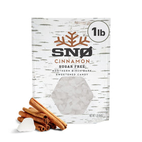 SNØ Cinnamon Xylitol Candy Chips bag with crisp bite