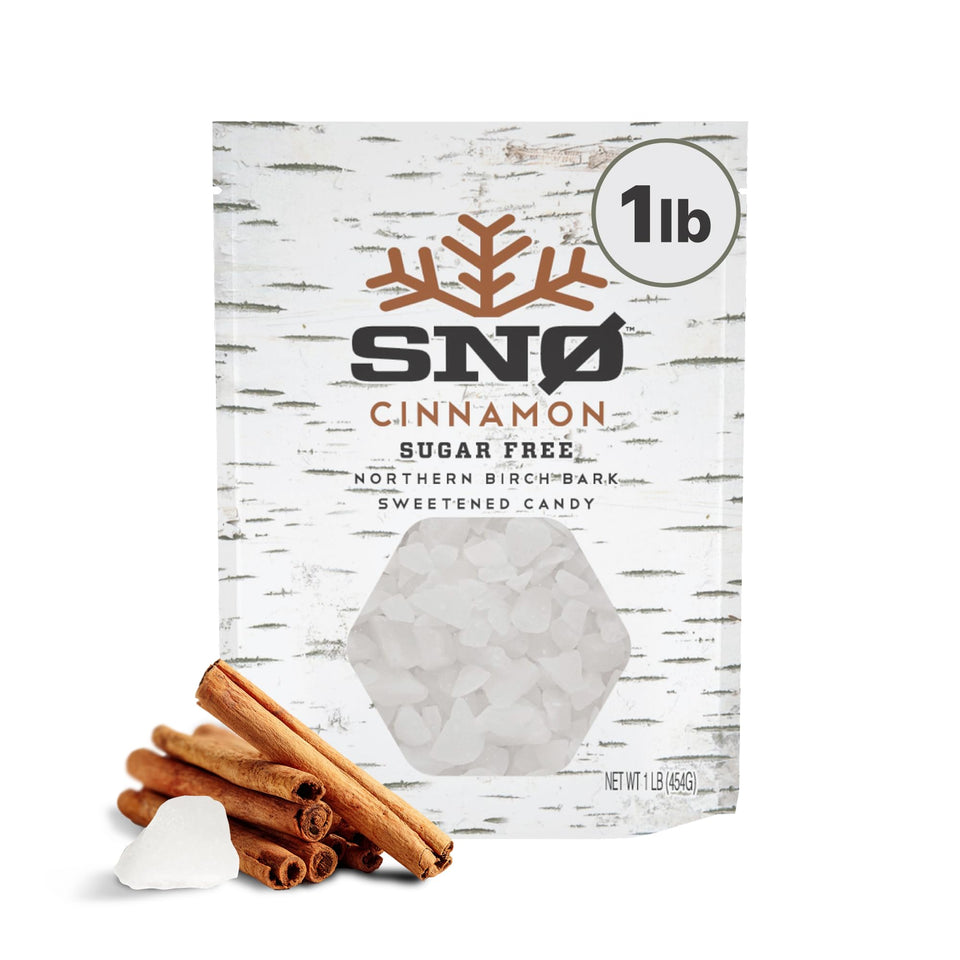 SNØ Cinnamon Xylitol Candy Chips bag with crisp bite