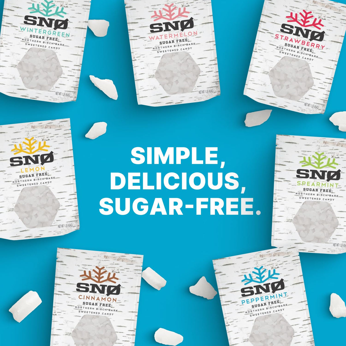 SNØ peppermint xylitol candy chips bag shows gluten-free and kosher dietary icons.