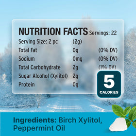 SNØ peppermint xylitol candy chips ingredients panel shows birch xylitol and peppermint oil.