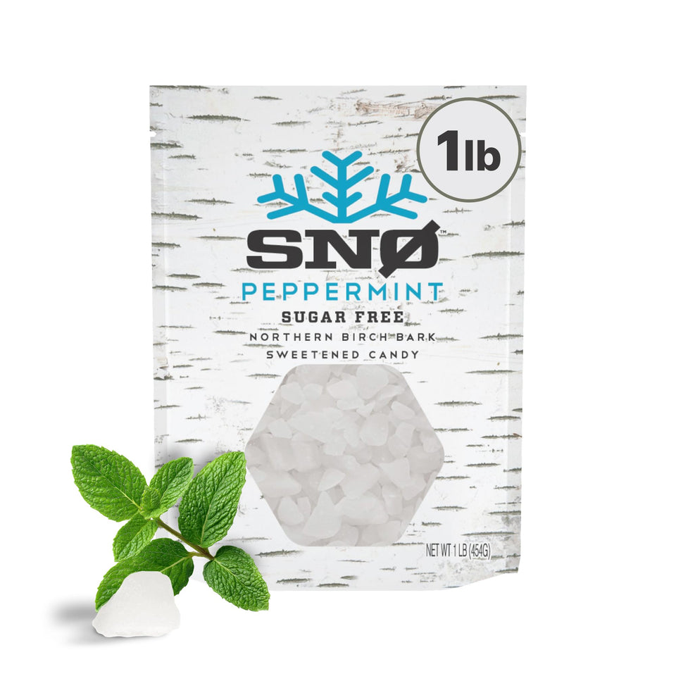 SNØ peppermint xylitol candy chips pack highlights a minty, sugar-free treat for after meals.