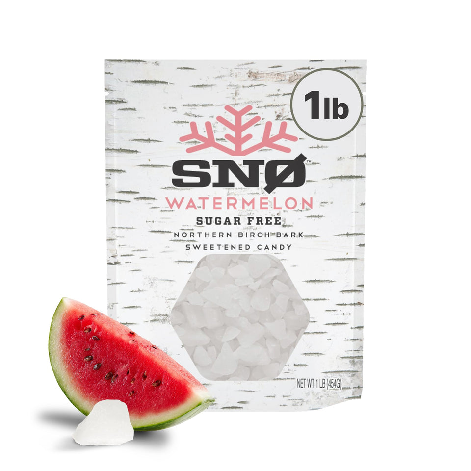 SNØ Watermelon Xylitol Candy Chips bag front showing sugar-free, crisp bite